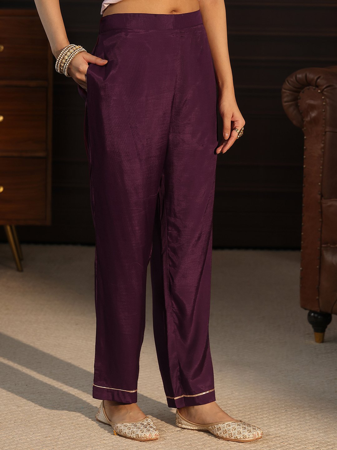 Burgundy Zari Woven Kurta Set with Straight Pants and Dupatta