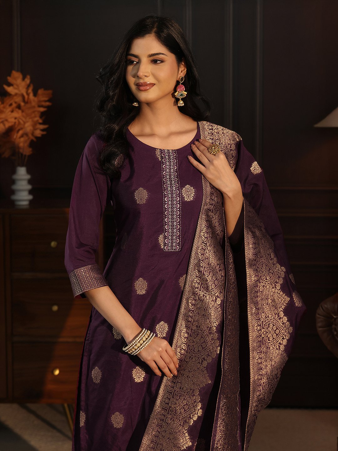 Burgundy Zari Woven Kurta Set with Straight Pants and Dupatta