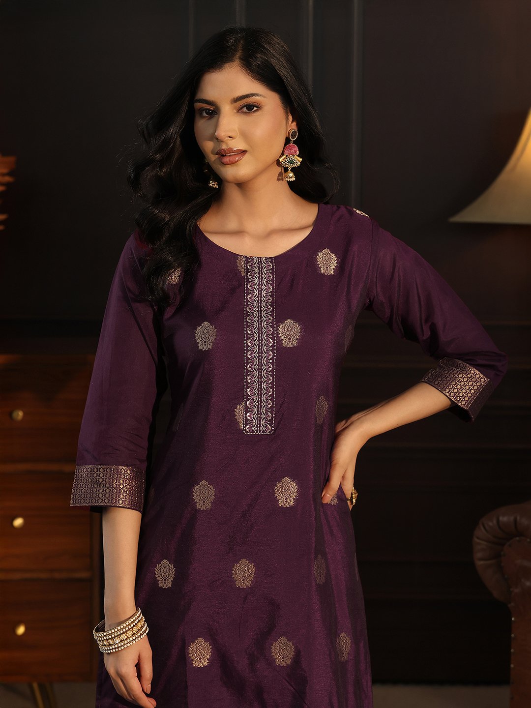 Burgundy Zari Woven Kurta Set with Straight Pants and Dupatta