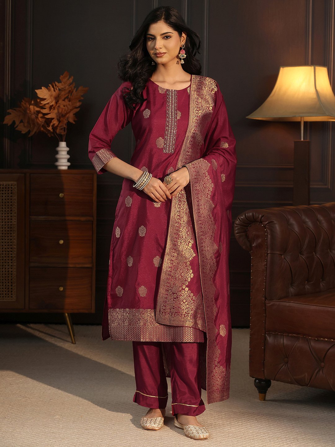 Maroon Chanderi Silk Woven Kurta Set with Straight Pants and Dupatta