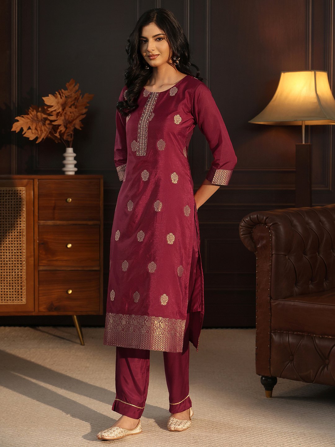 Maroon Chanderi Silk Woven Kurta Set with Straight Pants and Dupatta