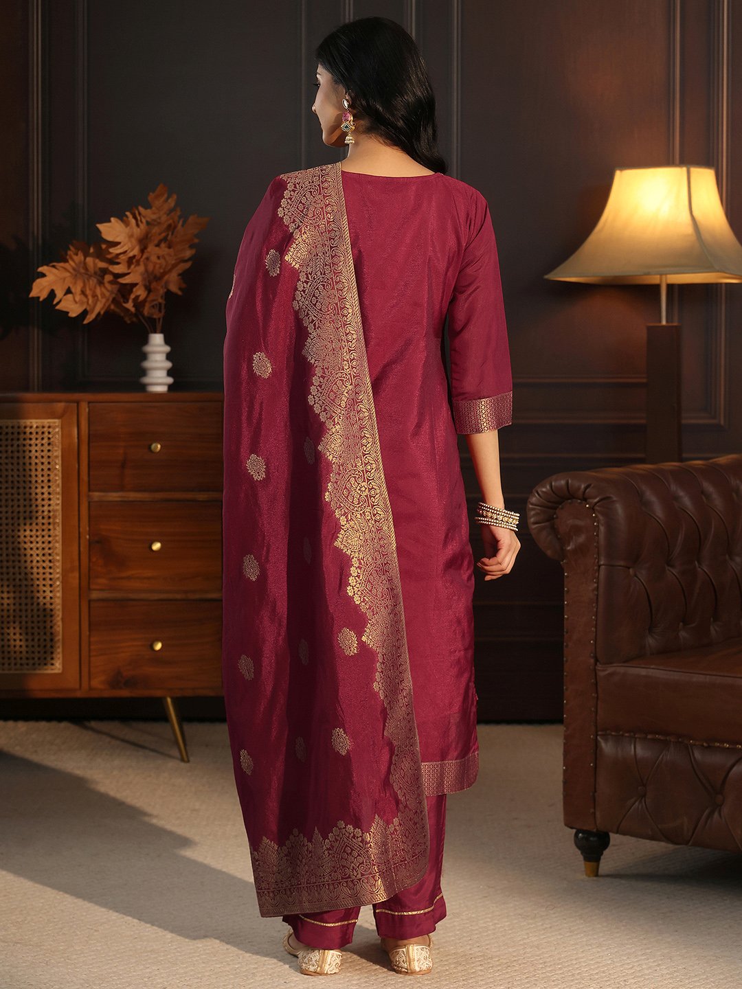 Maroon Chanderi Silk Woven Kurta Set with Straight Pants and Dupatta