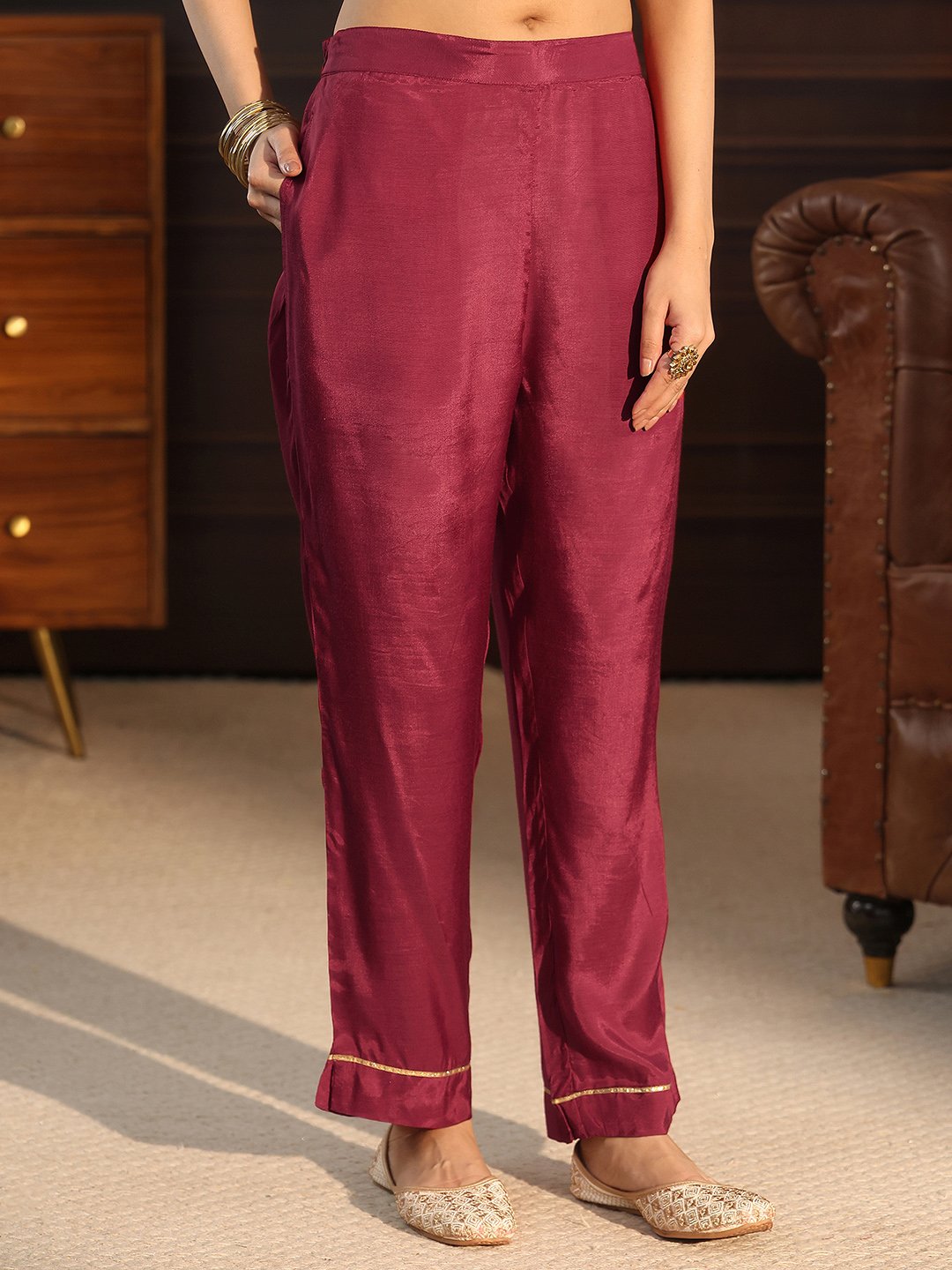 Maroon Chanderi Silk Woven Kurta Set with Straight Pants and Dupatta