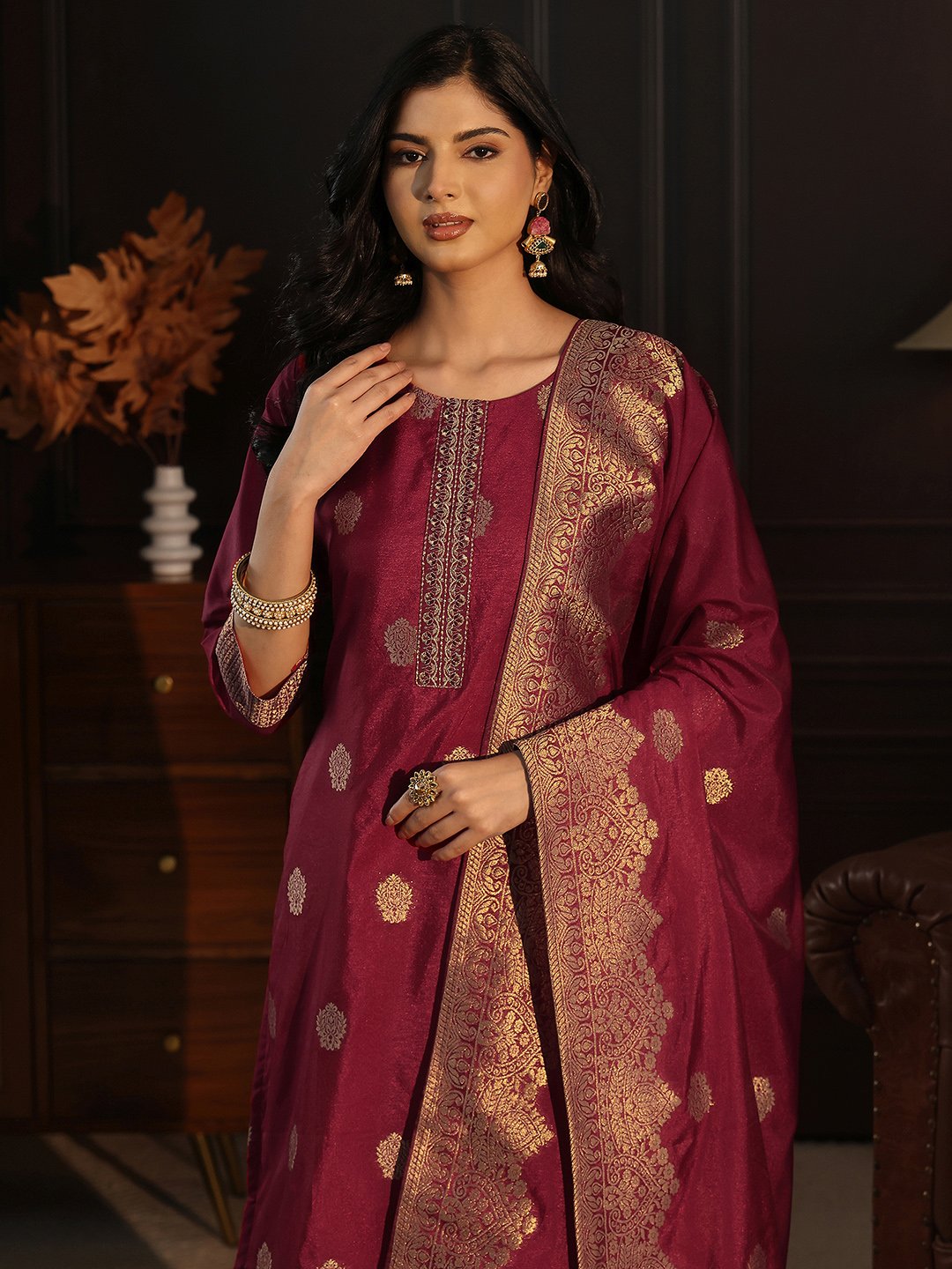 Maroon Chanderi Silk Woven Kurta Set with Straight Pants and Dupatta