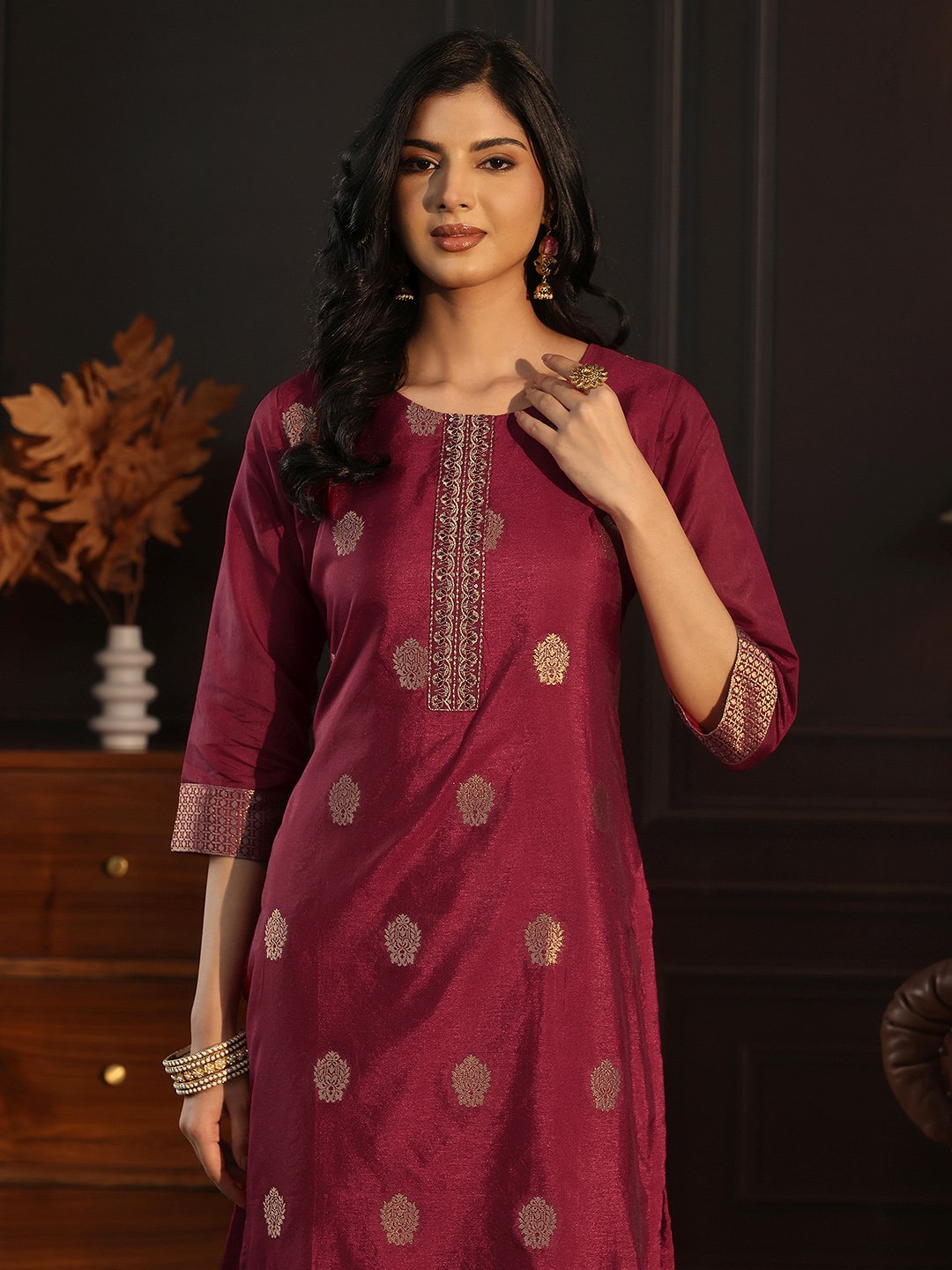 Maroon Chanderi Silk Woven Kurta Set with Straight Pants and Dupatta