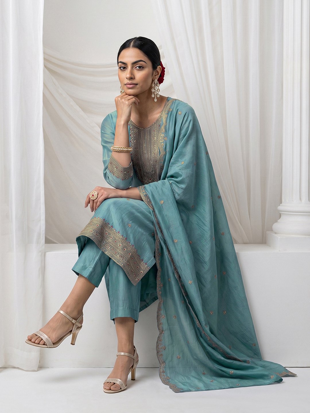 Blue Embroidered Kurta Set with Dupatta