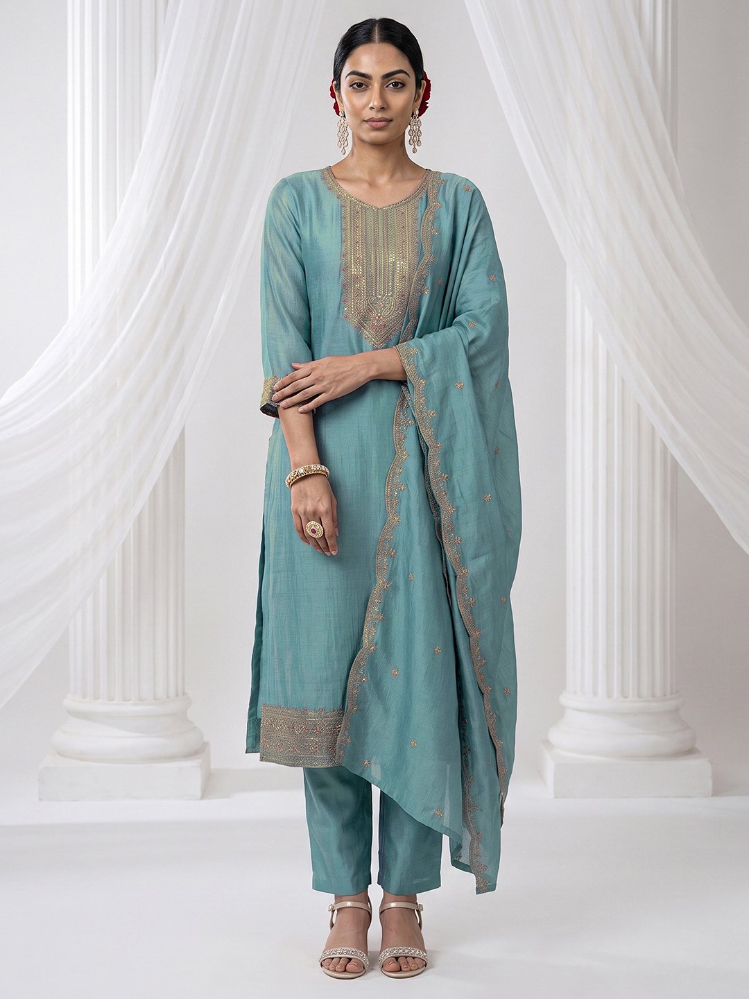 Blue Embroidered Kurta Set with Dupatta