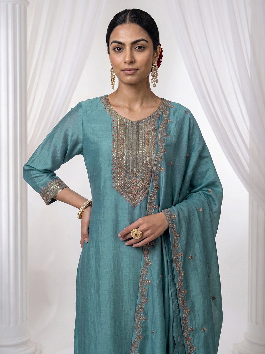 Blue Embroidered Kurta Set with Dupatta