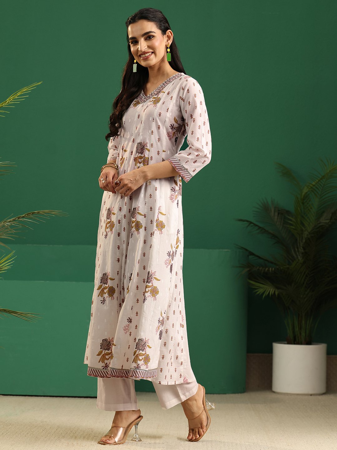 White Printed Cotton A-Line Kurta Set with Dupatta and Straight Pants