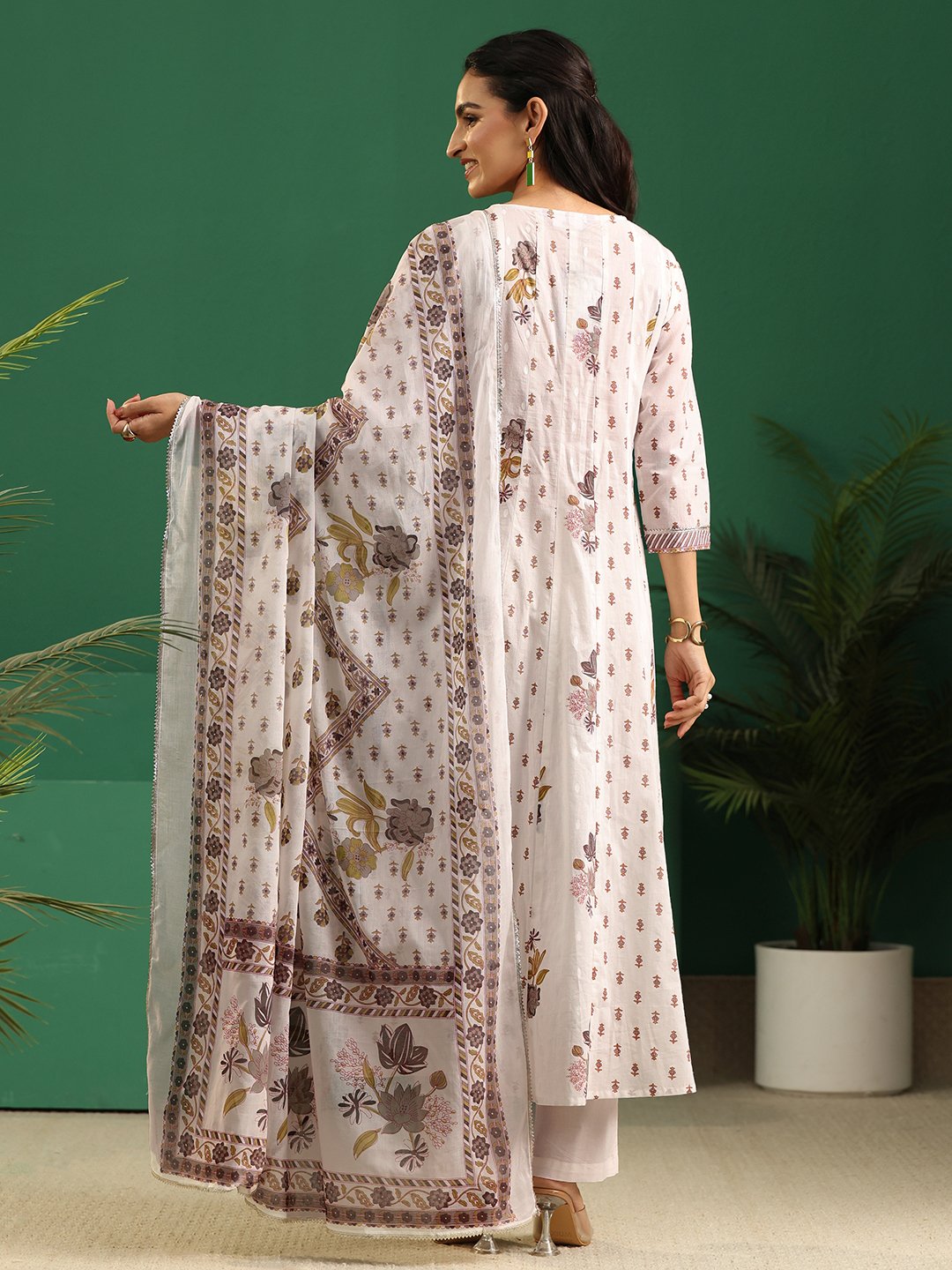 White Printed Cotton A-Line Kurta Set with Dupatta and Straight Pants