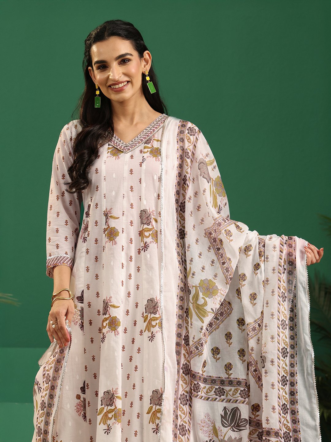 White Printed Cotton A-Line Kurta Set with Dupatta and Straight Pants