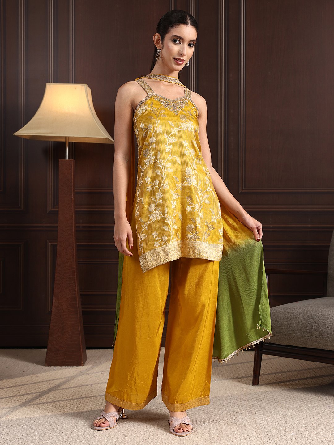 Mustard Embroidered Tissue Kurta Set with Palazzo and Ombre Dupatta
