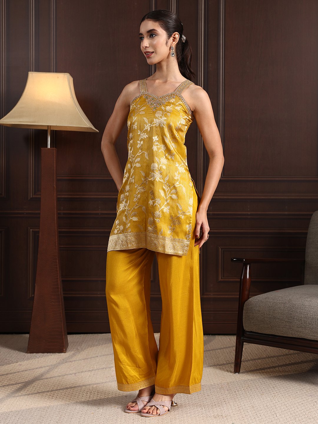 Mustard Embroidered Tissue Kurta Set with Palazzo and Ombre Dupatta