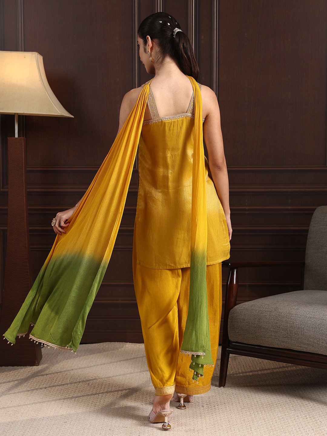 Mustard Embroidered Tissue Kurta Set with Palazzo and Ombre Dupatta