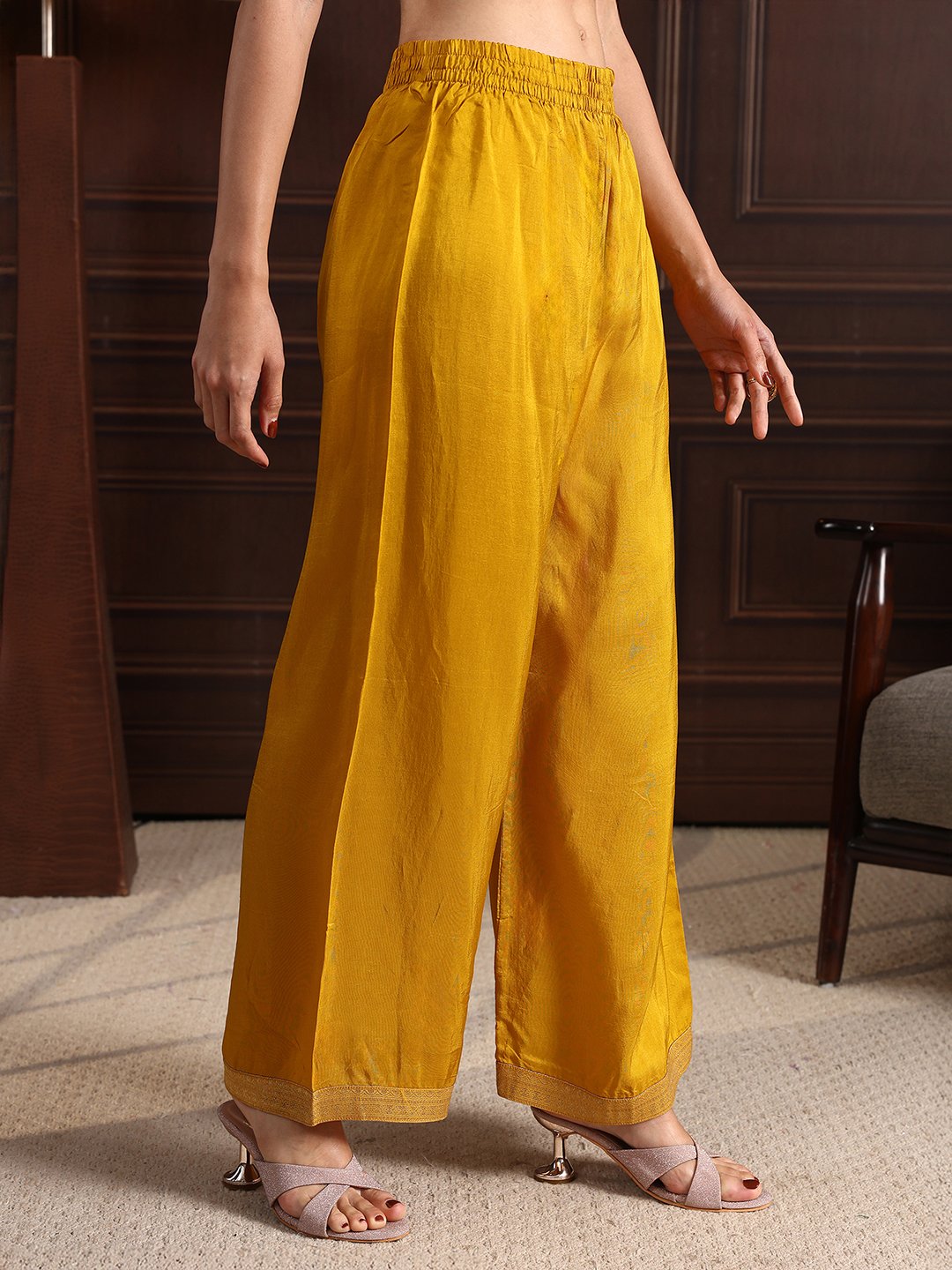 Mustard Embroidered Tissue Kurta Set with Palazzo and Ombre Dupatta