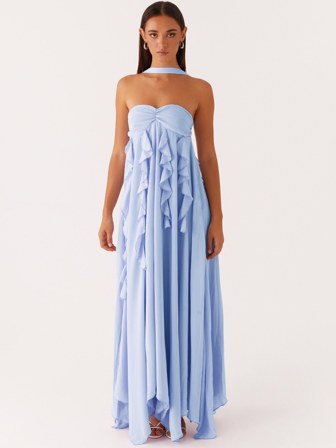 Sky Blue A-Line Maxi Dress with Ruffles