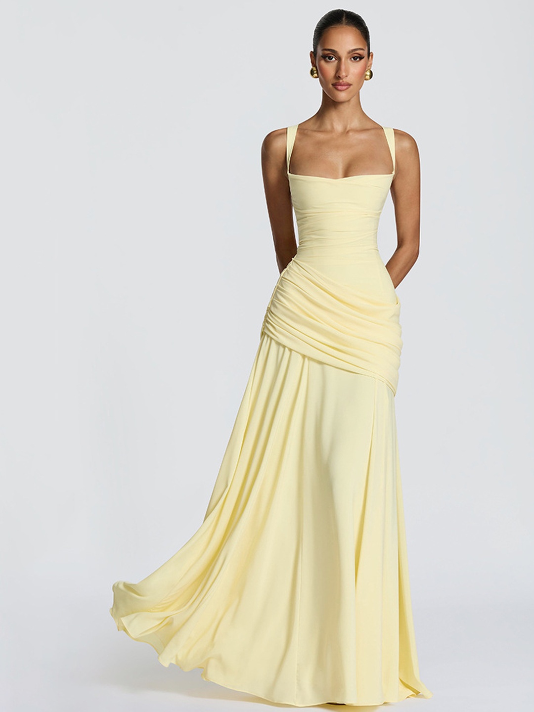 Pale Yellow A-Line Maxi Dress with Strappy Neckline