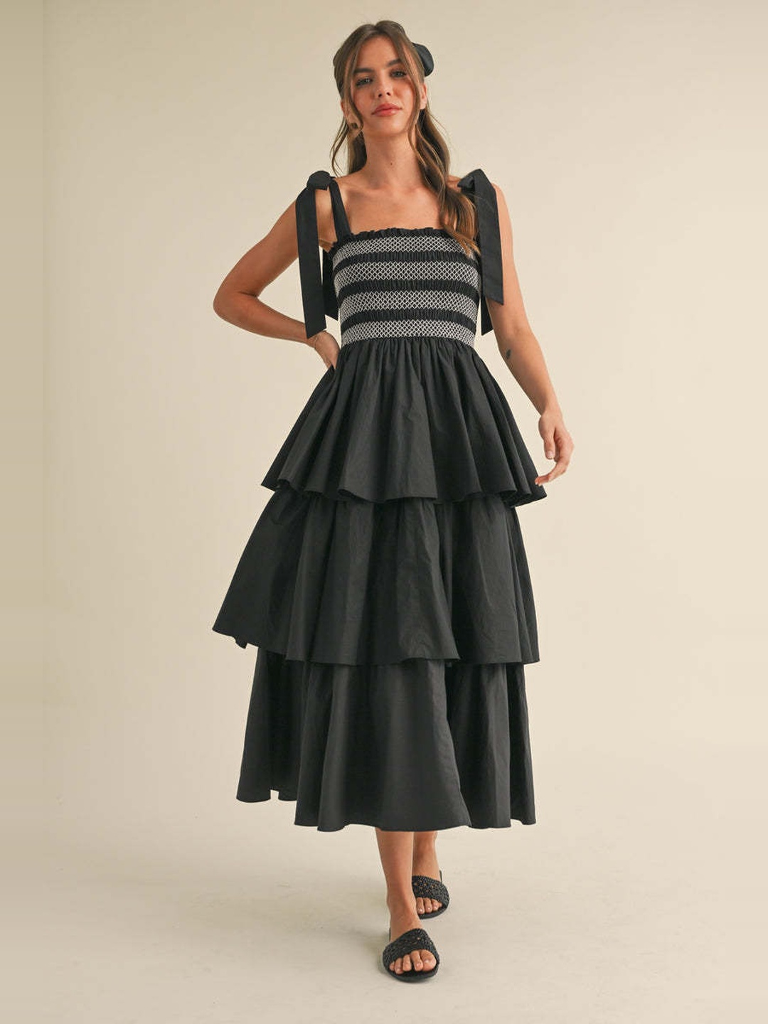 Black Tiered Midi Dress with Striped Smocked Bodice