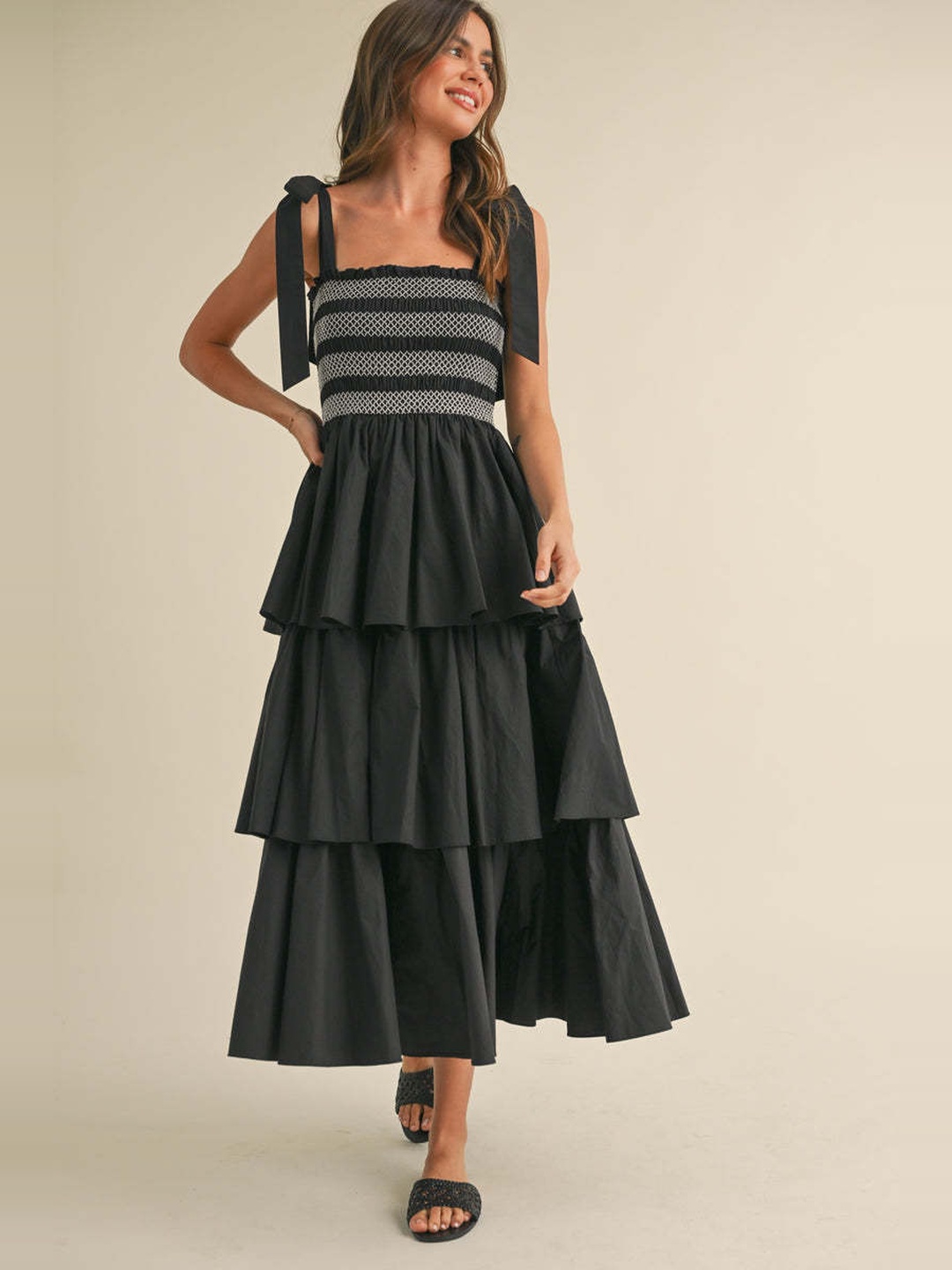 Black Tiered Midi Dress with Striped Smocked Bodice