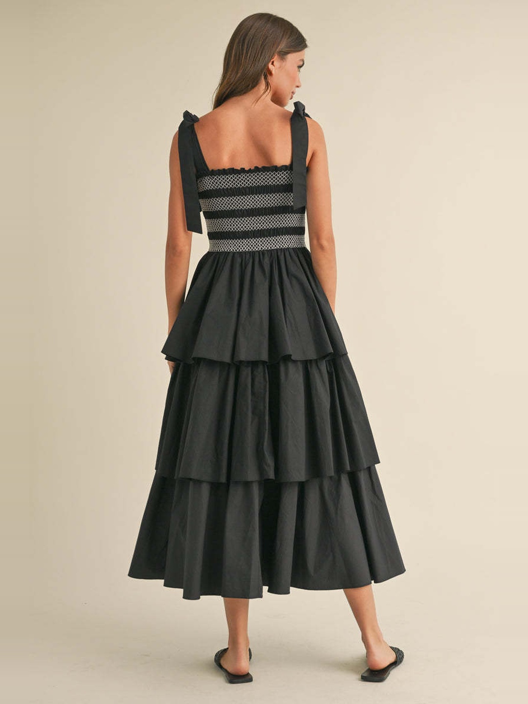 Black Tiered Midi Dress with Striped Smocked Bodice