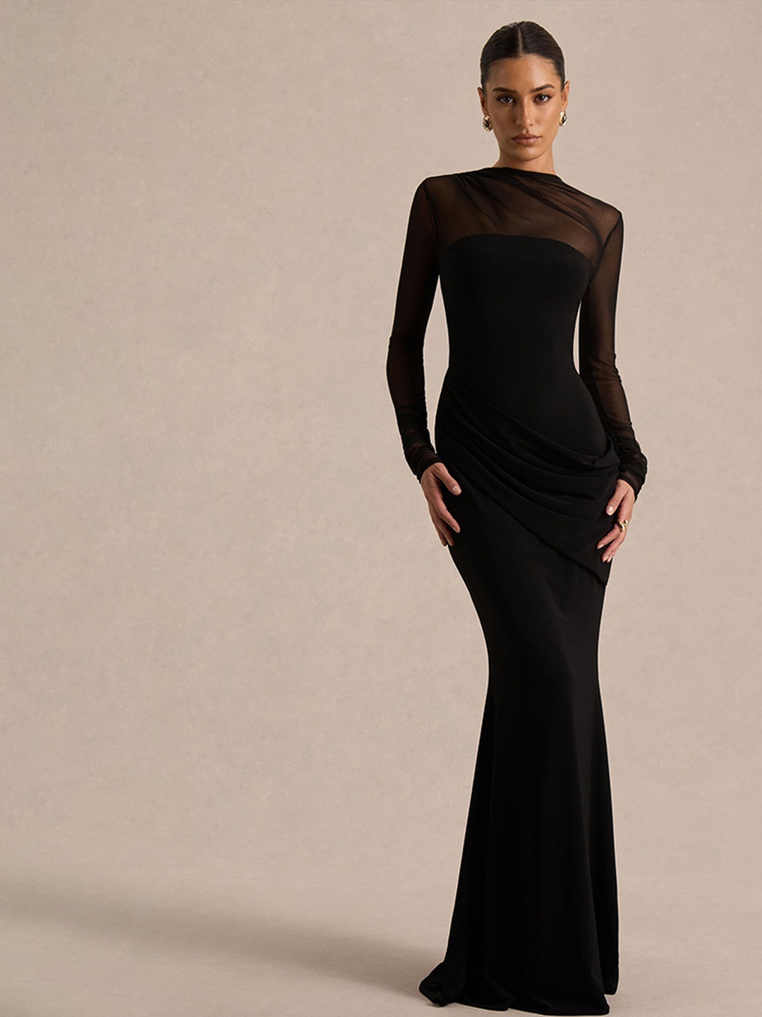 Black Maxi Mermaid Dress with Sheer Sleeves