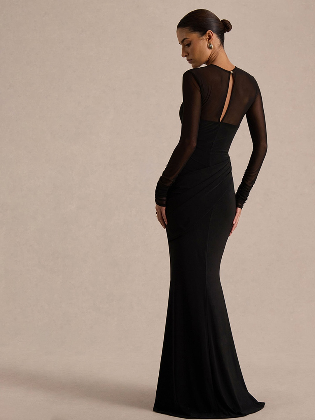 Black Maxi Mermaid Dress with Sheer Sleeves