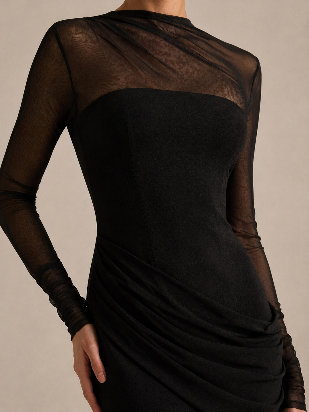 Black Maxi Mermaid Dress with Sheer Sleeves