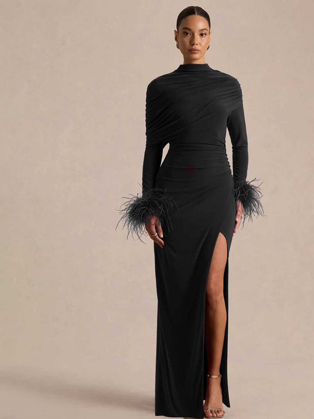 Black Maxi Dress with Faux Feather Cuffs