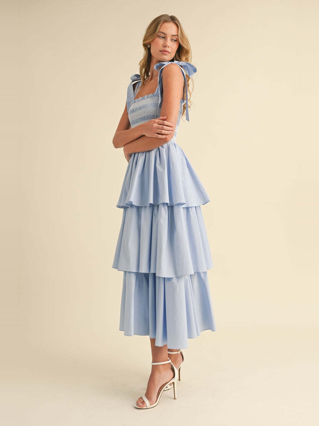 Light Blue Tiered Midi Dress with Tie Straps
