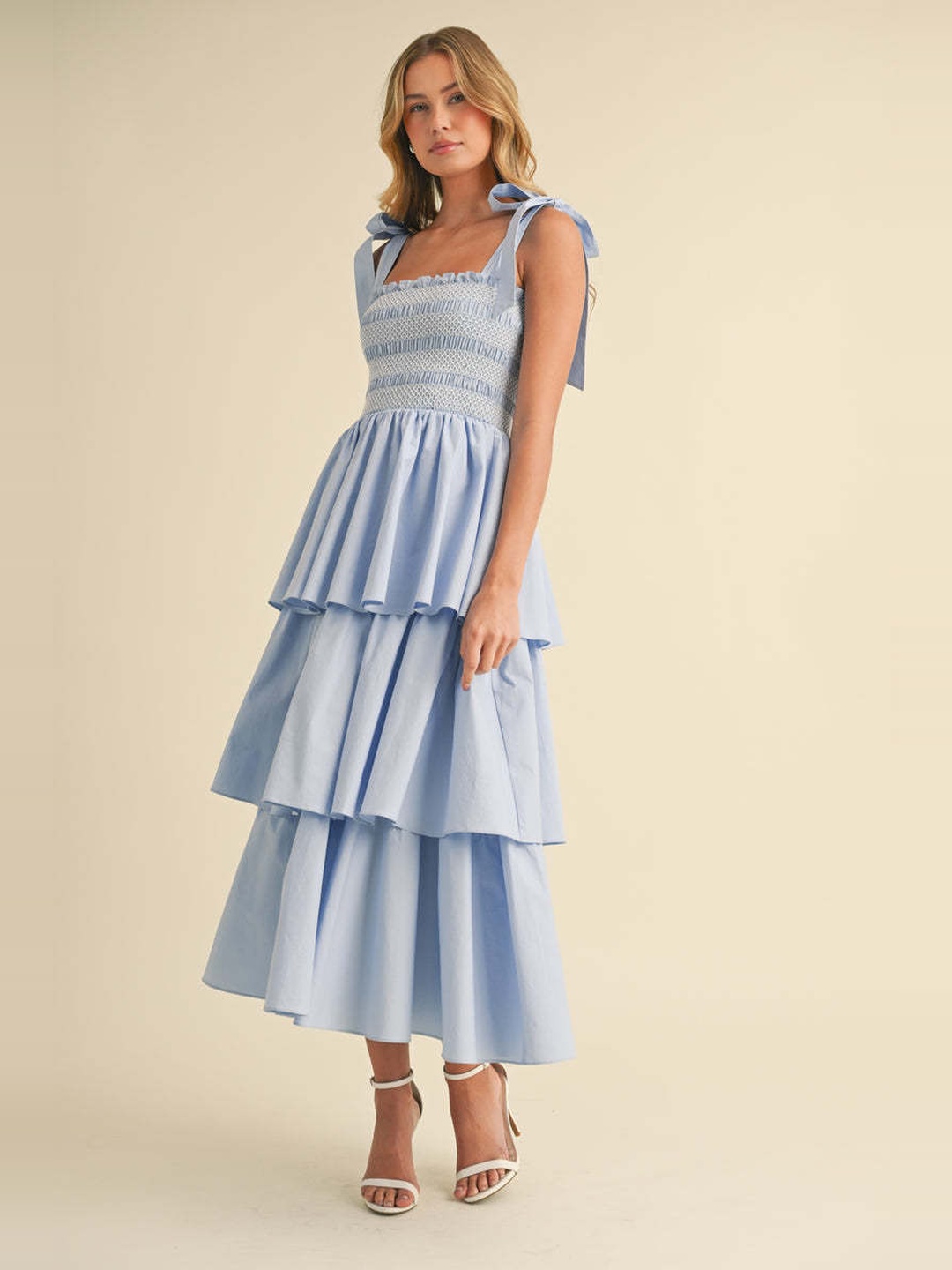Light Blue Tiered Midi Dress with Tie Straps