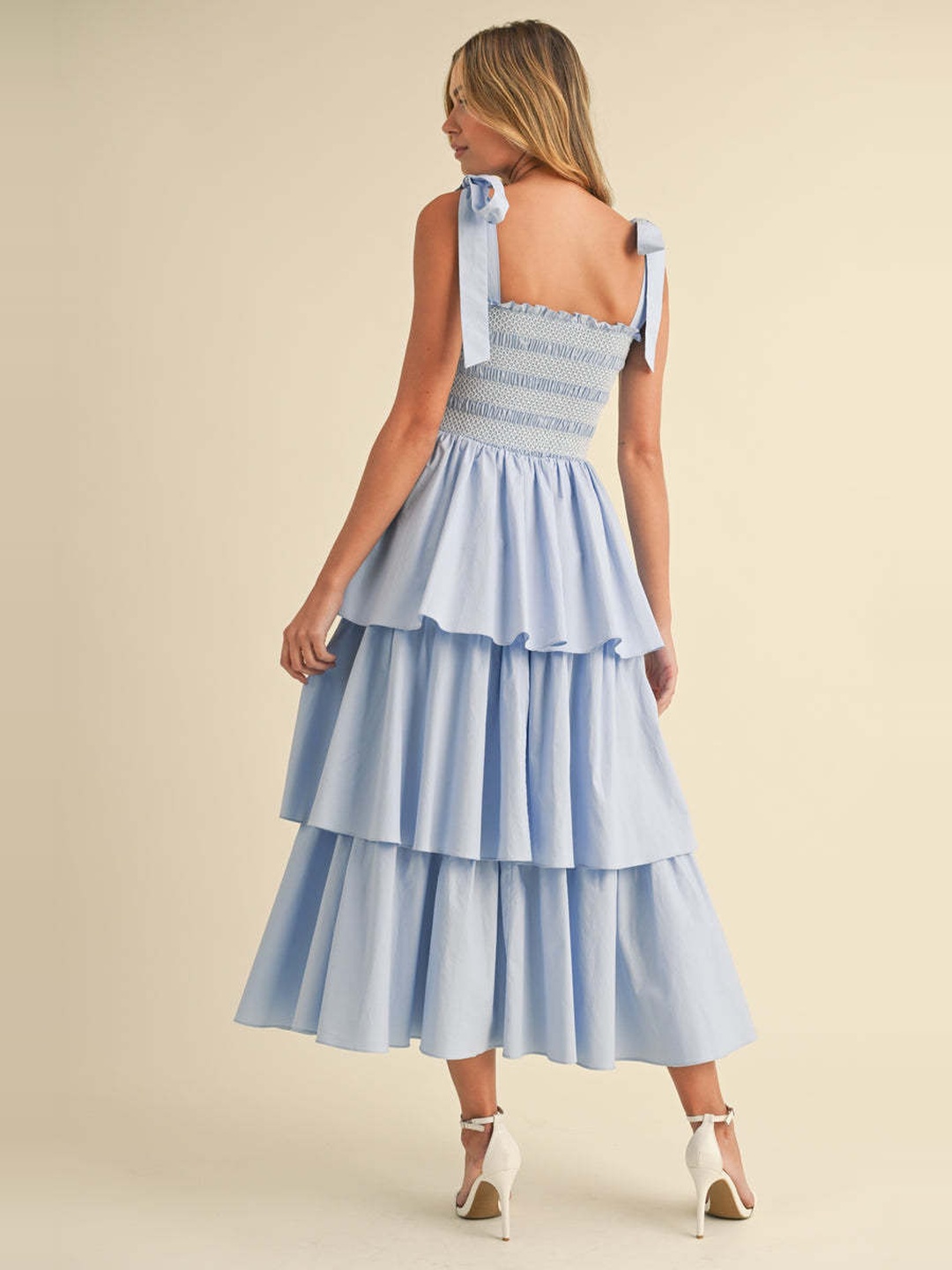 Light Blue Tiered Midi Dress with Tie Straps