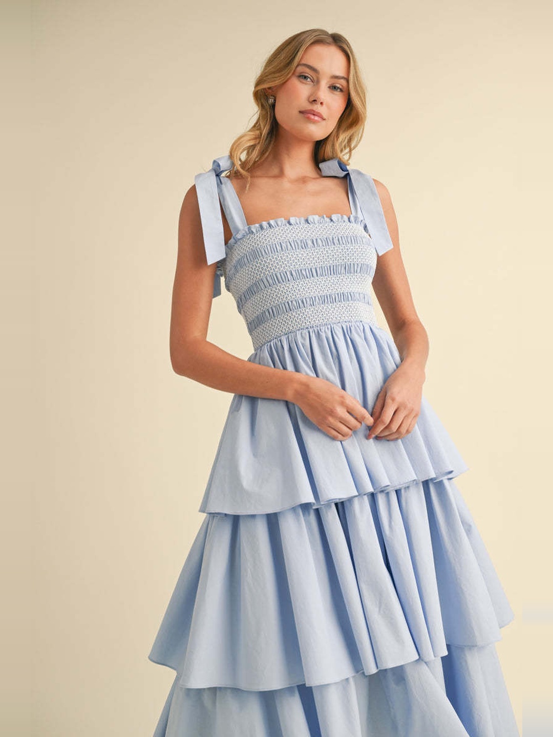 Light Blue Tiered Midi Dress with Tie Straps
