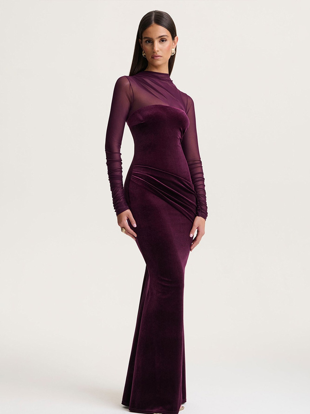 Burgundy Velvet-Look Maxi Dress with Sheer Sleeves