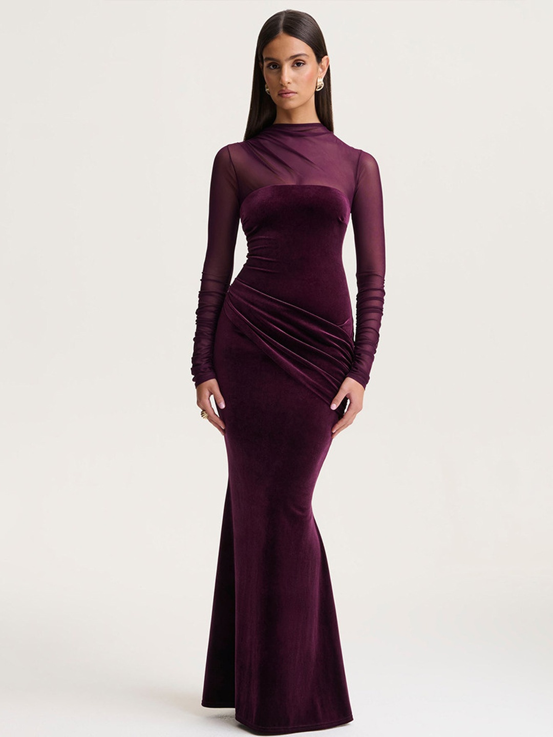 Burgundy Velvet-Look Maxi Dress with Sheer Sleeves