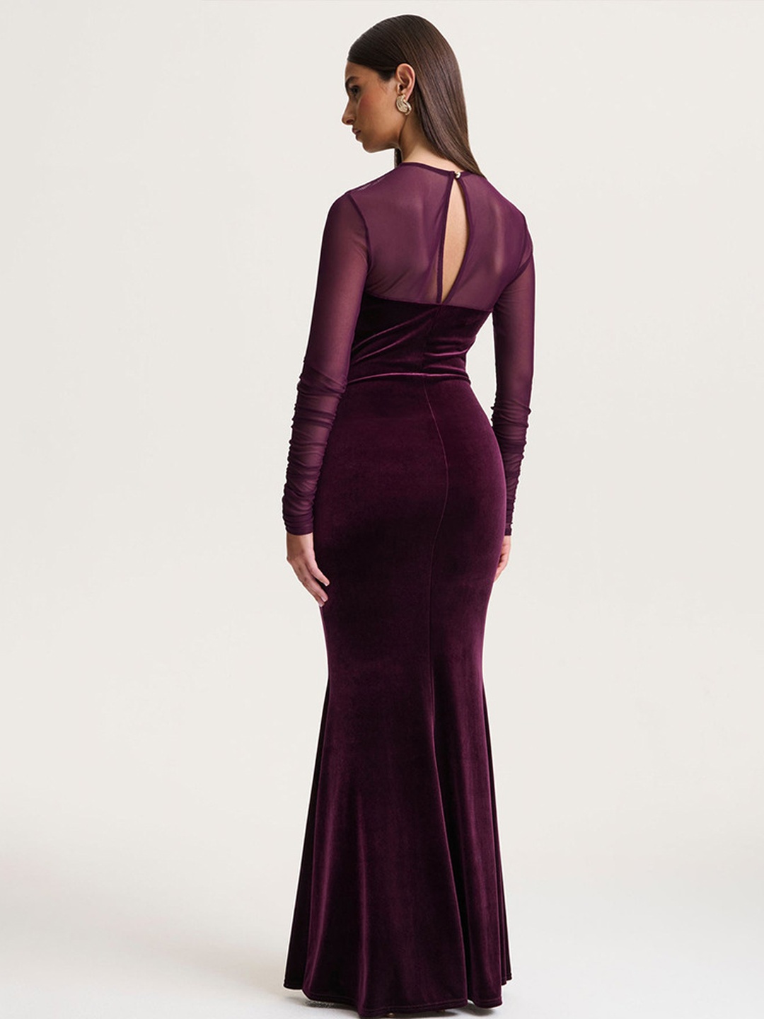 Burgundy Velvet-Look Maxi Dress with Sheer Sleeves