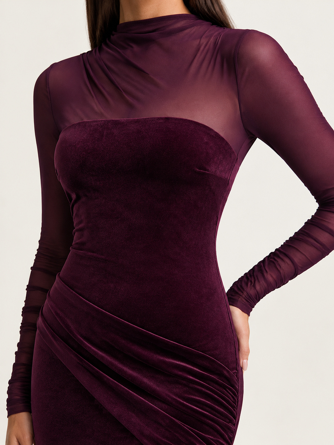 Burgundy Velvet-Look Maxi Dress with Sheer Sleeves