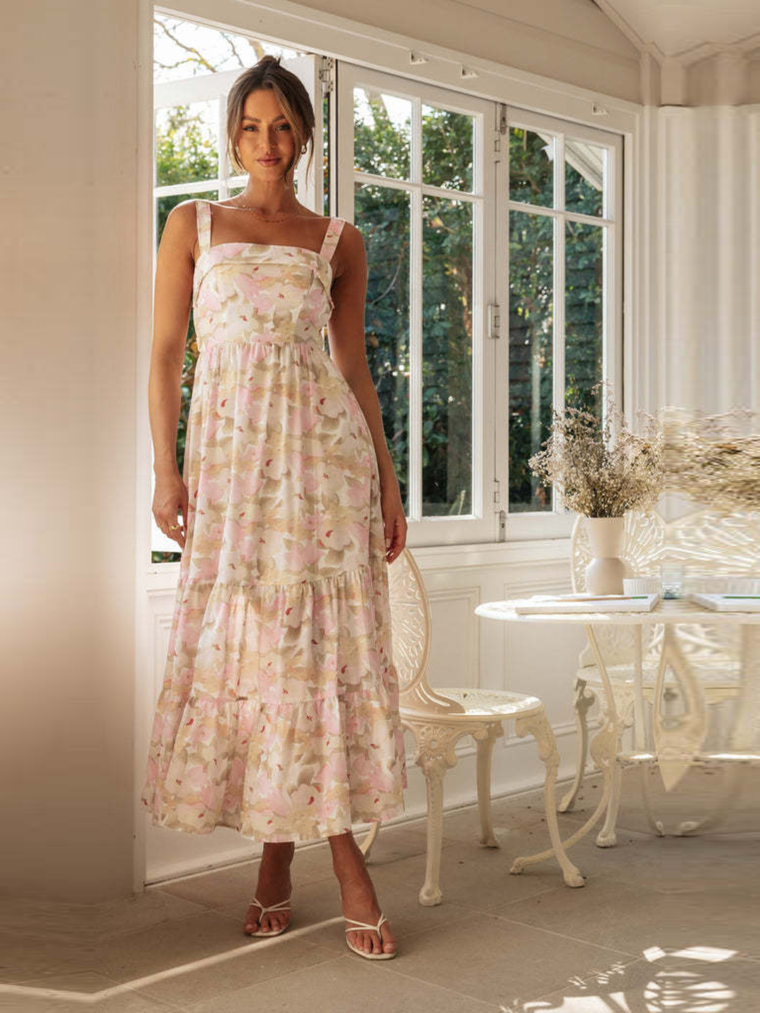 Floral Tiered Maxi Dress with Strappy Neckline