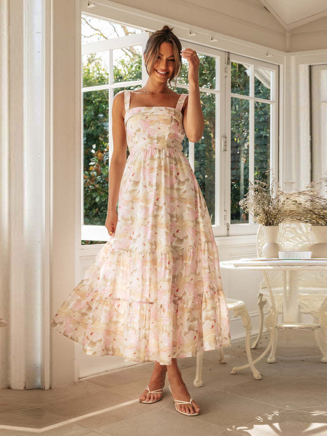 Floral Tiered Maxi Dress with Strappy Neckline