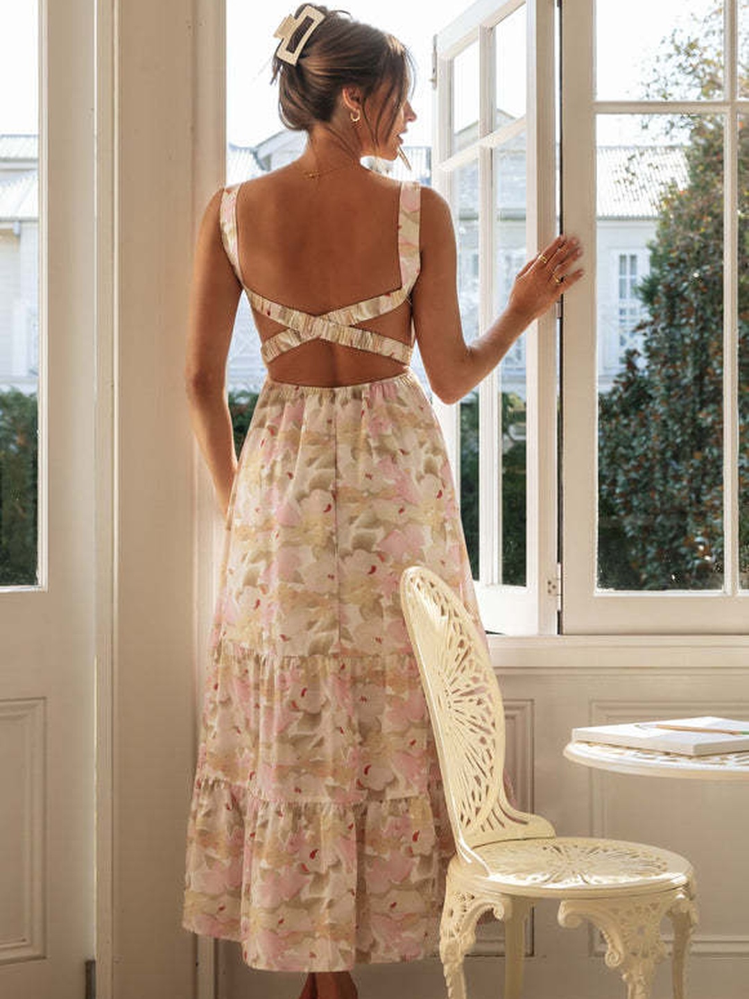 Floral Tiered Maxi Dress with Strappy Neckline