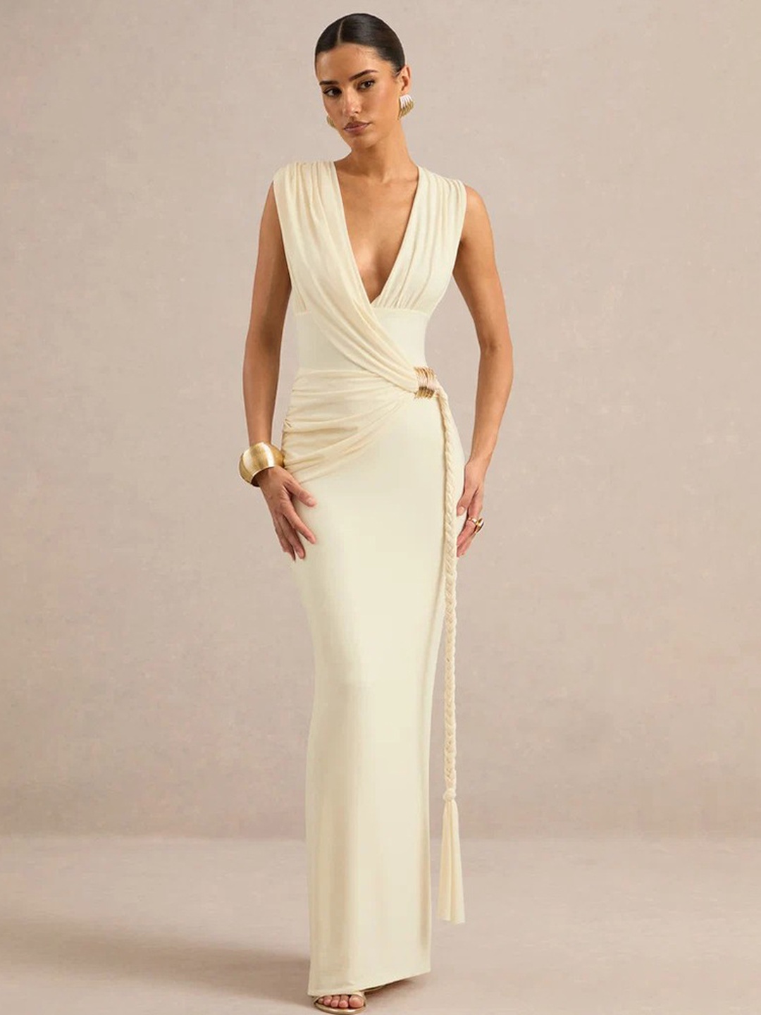 Nude Sleeveless Maxi Evening Dress with Gold Accent