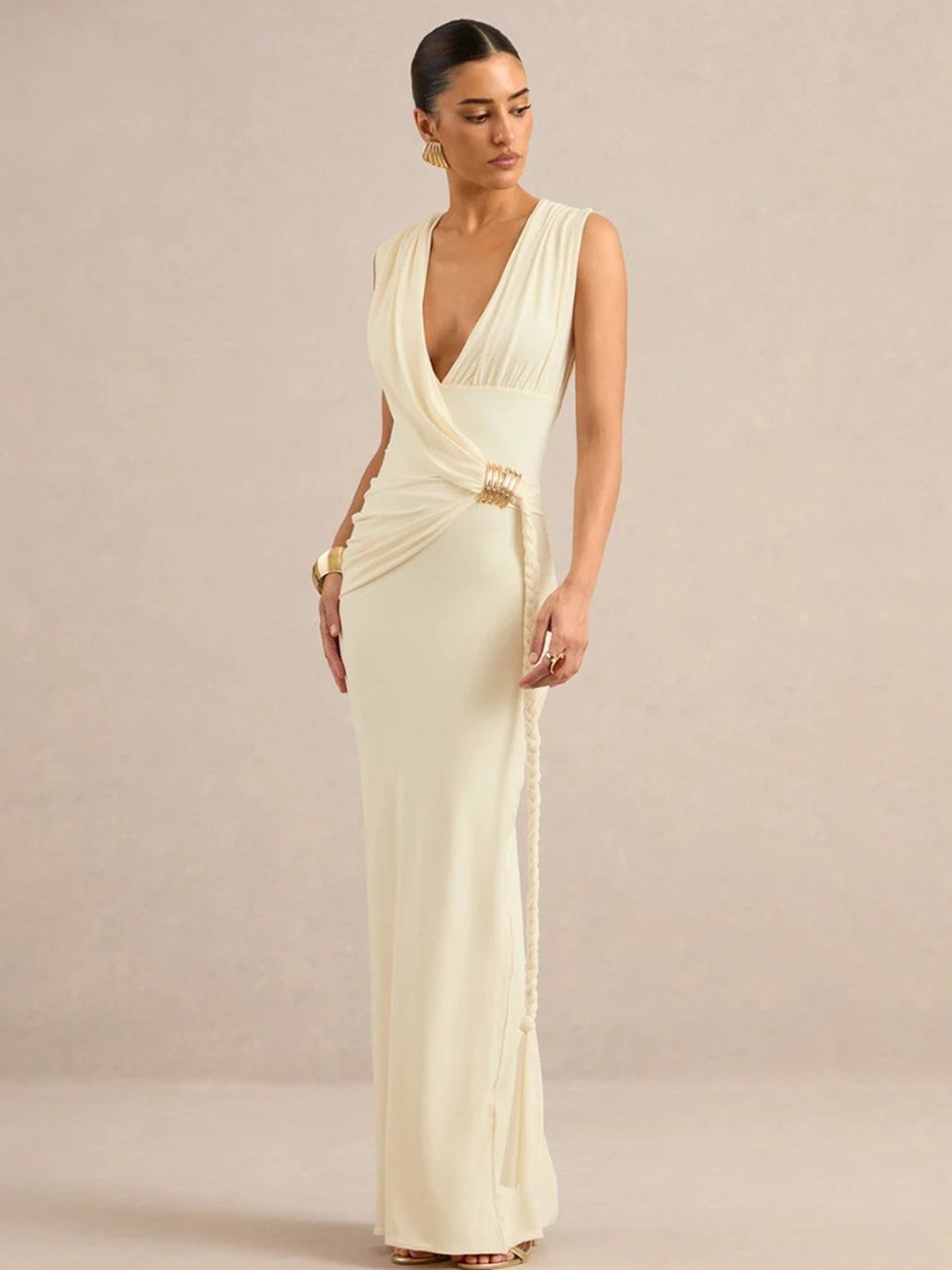 Nude Sleeveless Maxi Evening Dress with Gold Accent
