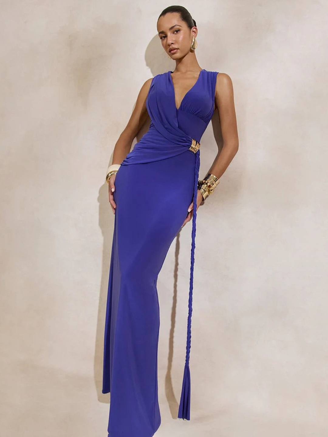 Blue Sleeveless Maxi Evening Dress with Sheath Silhouette