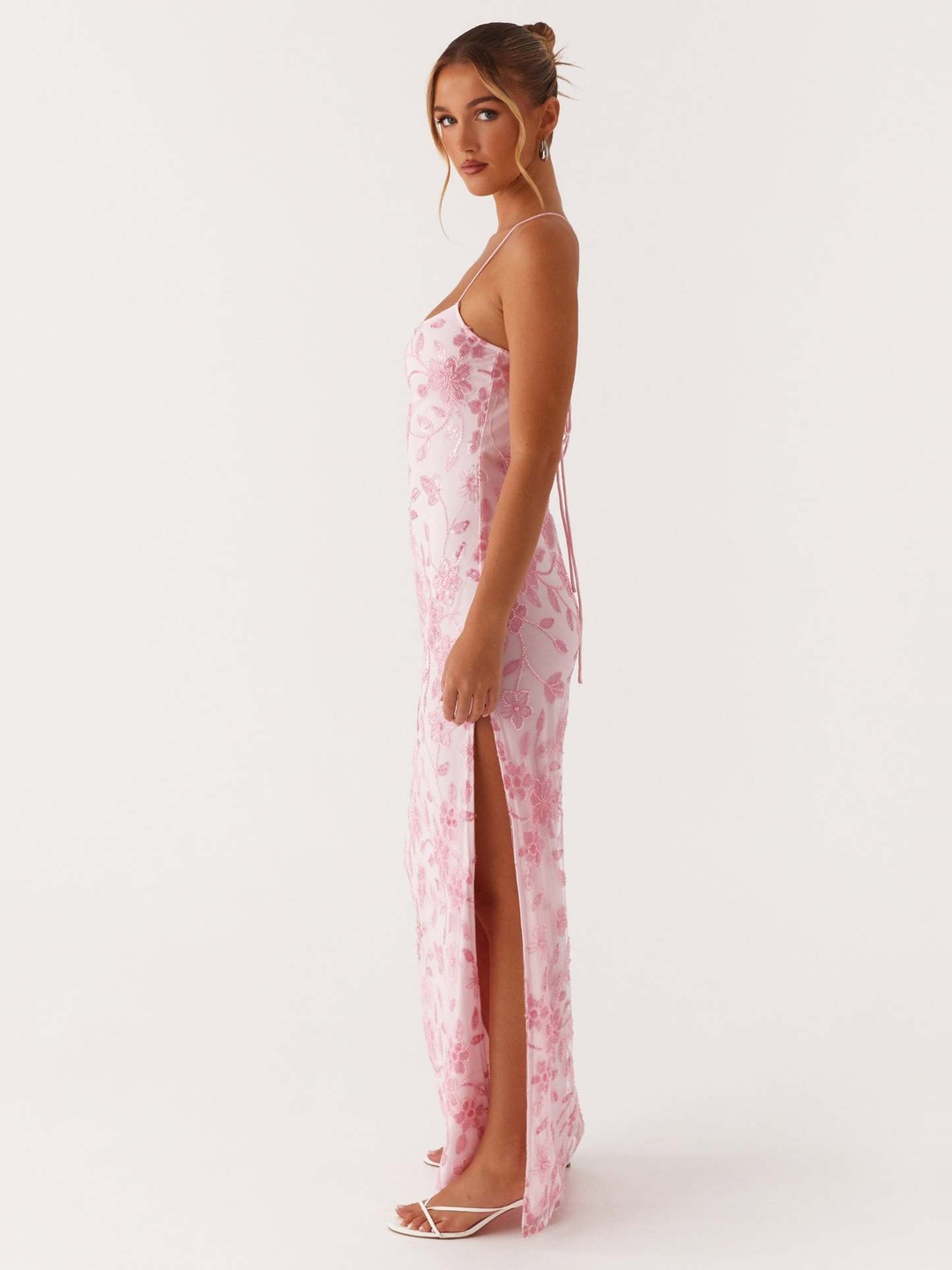 Pink Floral Embroidered Strappy Bodycon Maxi Party Dress