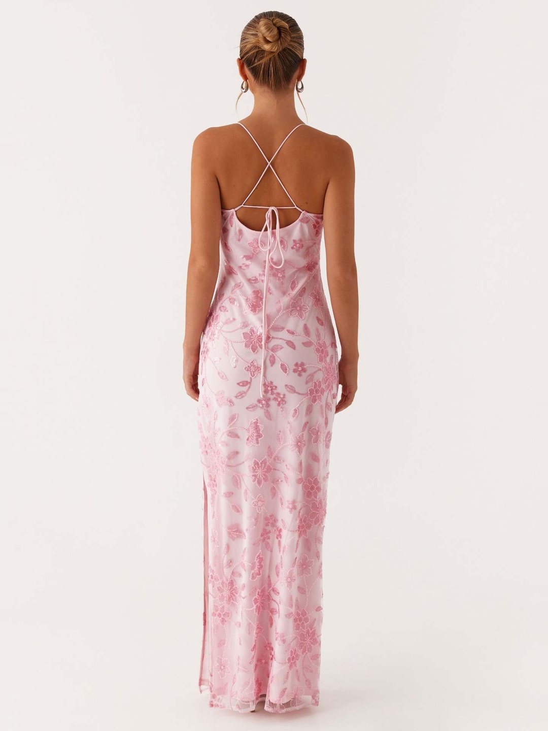 Pink Floral Embroidered Strappy Bodycon Maxi Party Dress