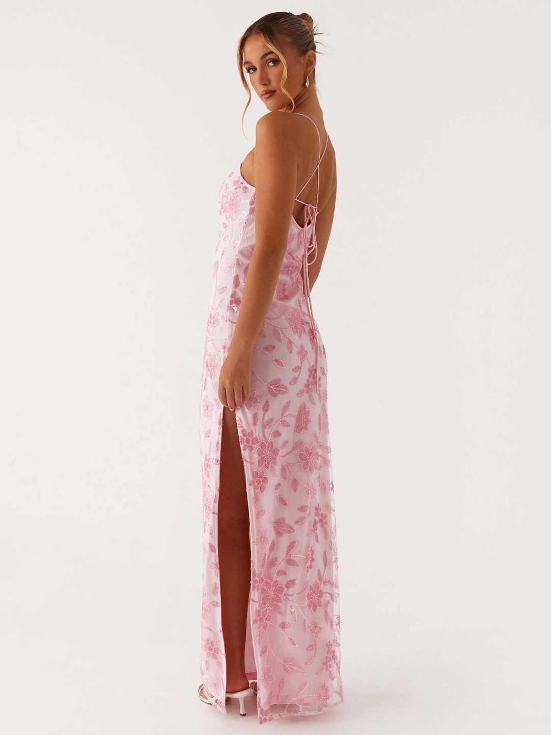 Pink Floral Embroidered Strappy Bodycon Maxi Party Dress