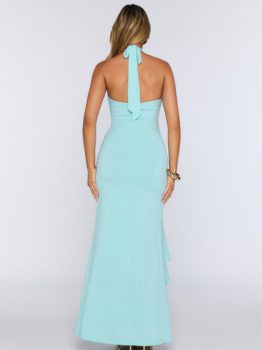 Aqua Halter Deep V Neck Maxi Dress with Ruffle Slit