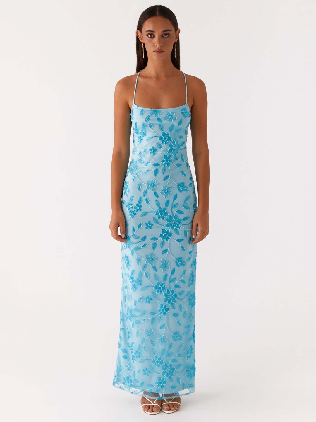 Light Blue Floral Embroidered Strappy Slip Maxi Dress