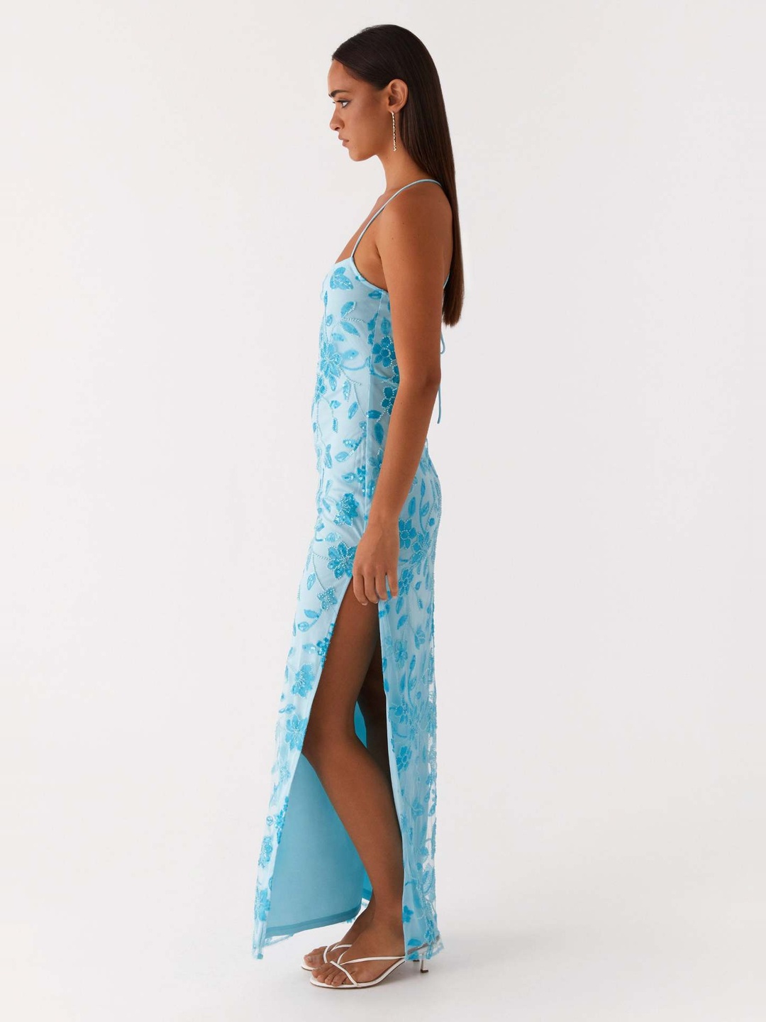 Light Blue Floral Embroidered Strappy Slip Maxi Dress