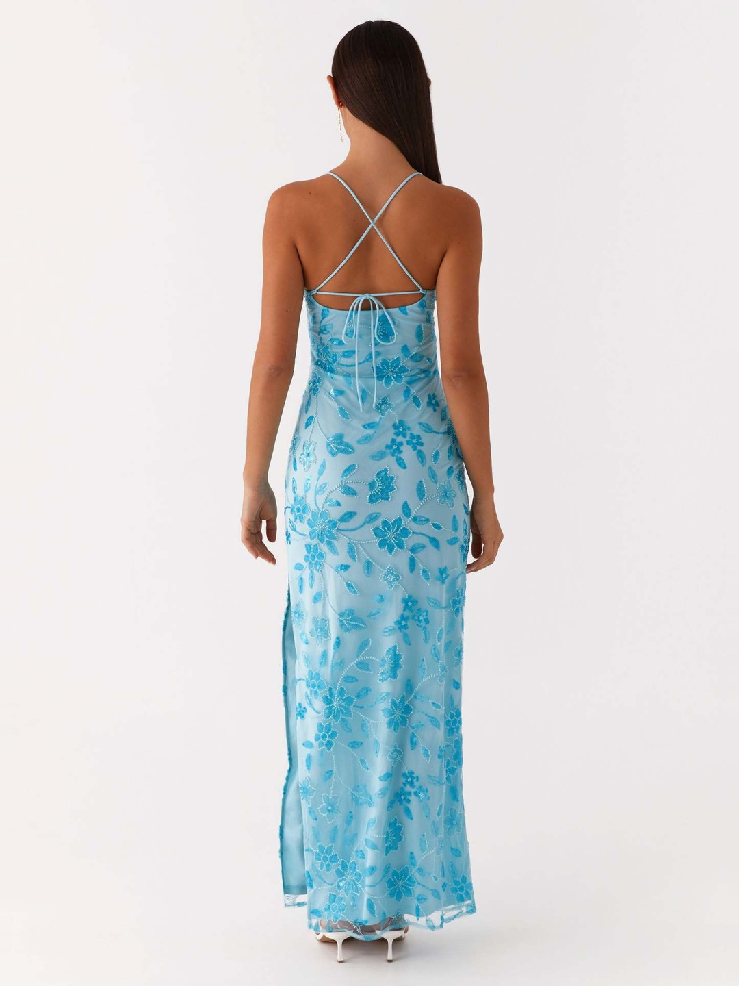 Light Blue Floral Embroidered Strappy Slip Maxi Dress