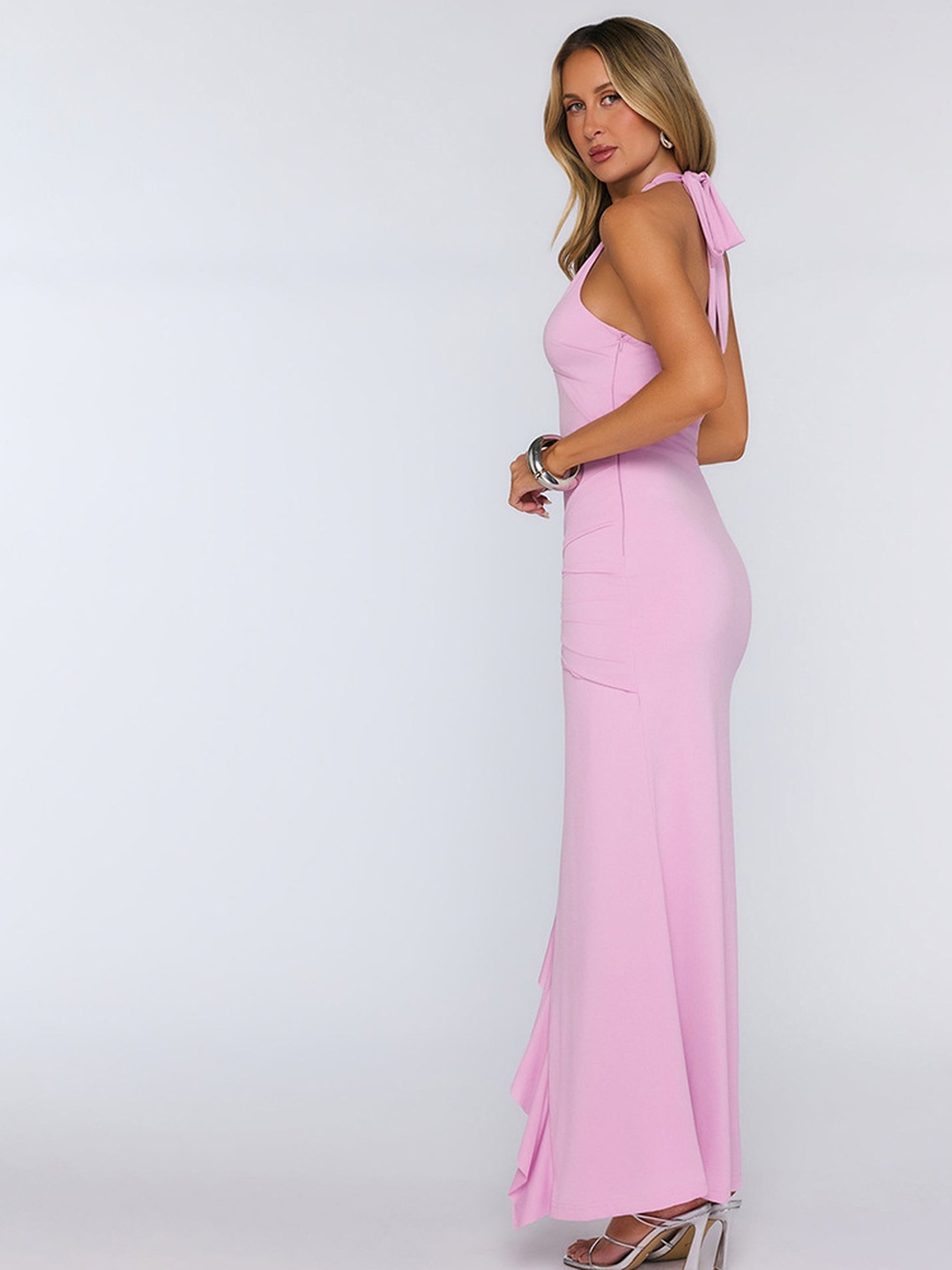 Light Pink Halter Bodycon Maxi Dress Sleeveless